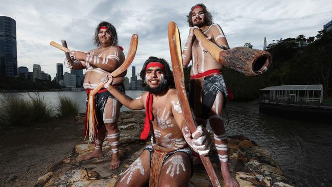 Aaron Ruska, Lyric Ruska and Jerimiah Coolwell from the Mirrabooka Aboriginal Experience, Kangaroo Point. Picture: Liam Kidston