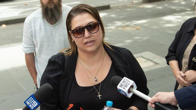 Tania Boyce, widow of hit-run victim Timmy Rakei, speaks to the media outside court. Picture: NCA Newswire / Nicki Connolly