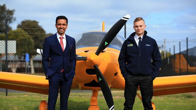 Soar Aviation CEO Neel Khokhani and Alex Kingsford Smith. Picture: Aaron Francis