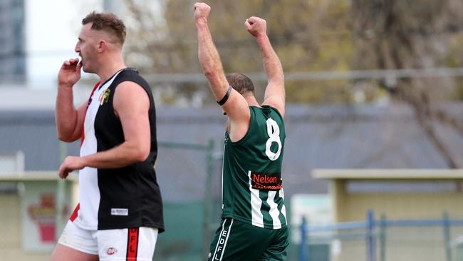 EDFL: Airport West’s Clayton Rogers celebrates a goal. Picture: George Salpigtidis