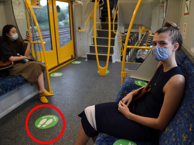 SYDNEY, AUSTRALIA - NewsWire Photos MARCH, 19, 2021: Train commuter Erin Roper (right) is seen onboard a train in Sydney. Picture: NCA NewsWire/Bianca De Marchi