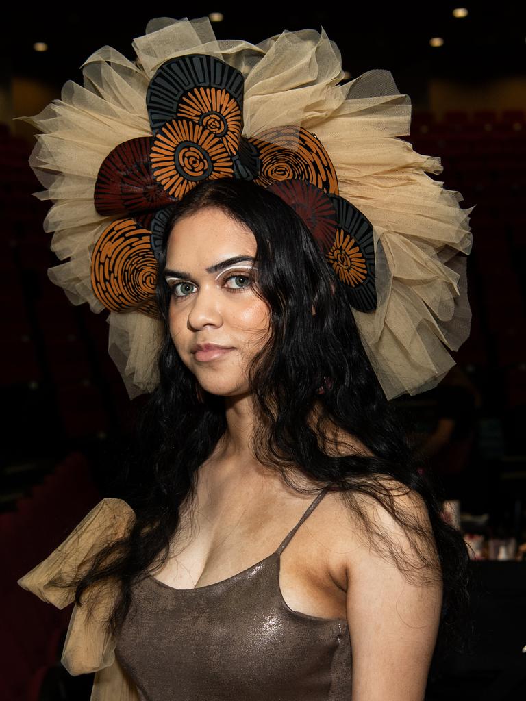 Destinee Green at the 2024 Country to Couture at the Darwin Convention Centre showcases hand-designed First Nations fashion. Picture: Pema Tamang Pakhrin