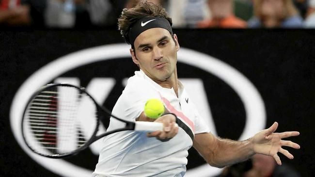 Roger Federer fires back a forehand against Aljaz Bedene. Picture: MARK CRISTINO