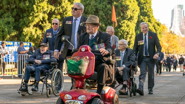 Elderly war veterans marching in Melbourne on Sunday morning. Picture: Asanka Ratnayake/Getty Images