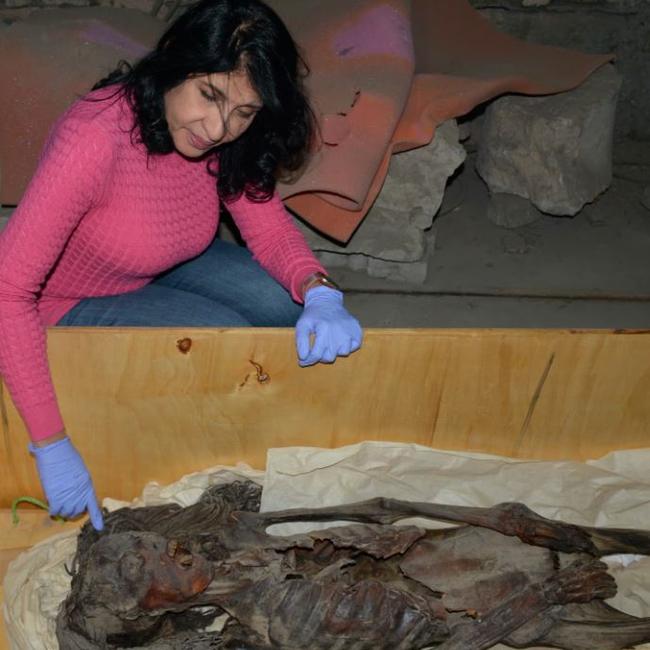 Sahar Saleem pictured with the 'screaming' mummy. Picture: Supplied