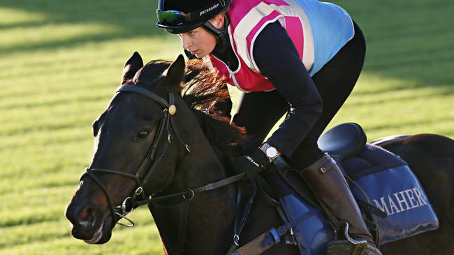 Lucy Yeomans puts Azkadellia through her paces at Eagle Farm on Tuesday. Picture: Annette Dew