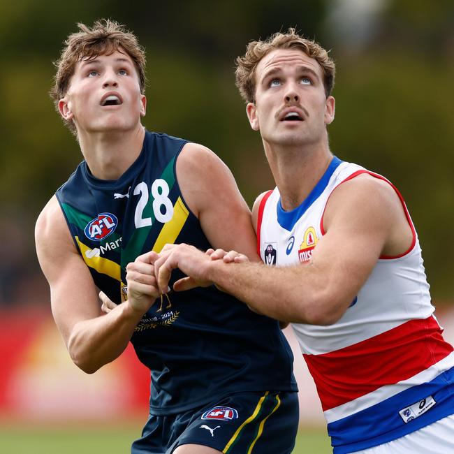 Moama’s Jobe Shanahan, left, playing for the AFL Academy against the Footscray VFL team this year. Picture: Michael Willson