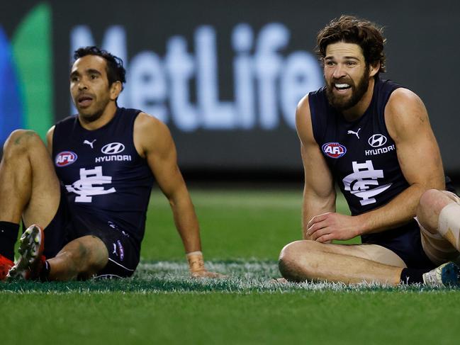 The Blues farewelled Eddie Betts (L) and Levi Casboult (R) on Saturday night. (Photo by Michael Willson/AFL Photos via Getty Images)