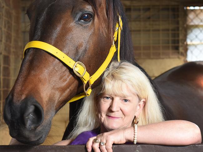 Trainer Maxine Fraser with galloper Lord Skydancer, at her Mt Eliza stables.Picture: Jason SammonMonday 3rd November 2014