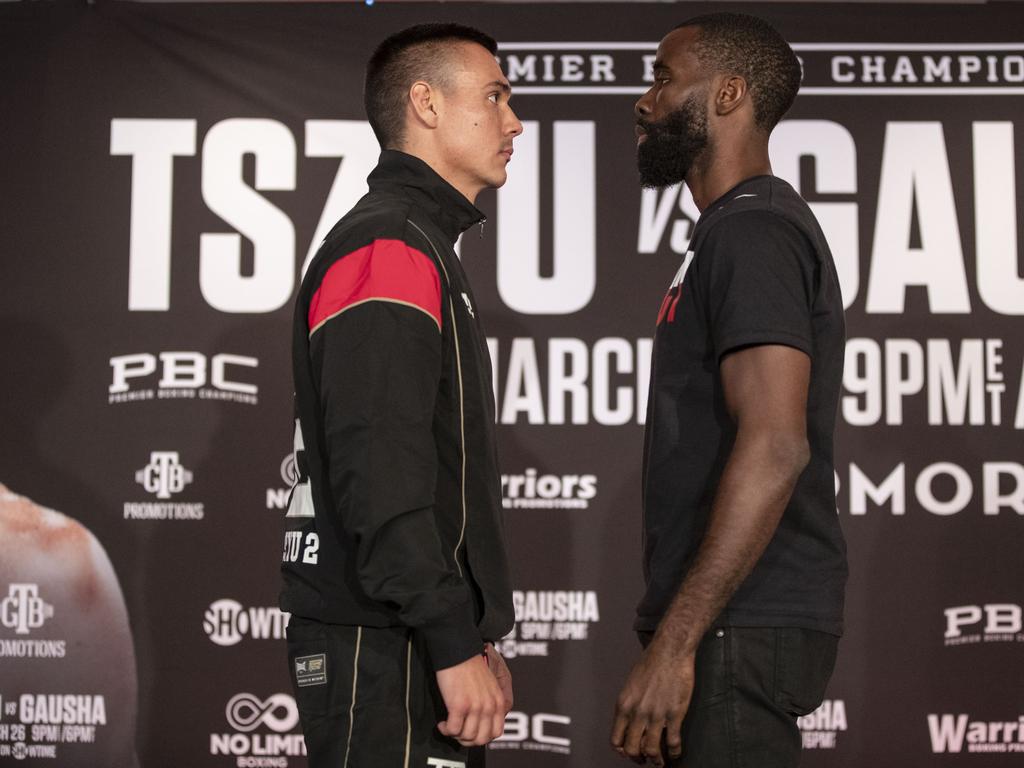 Tim Tszyu and Terrell Gausha come together for the final press conference before their March 26 fight in Minneapolis. Photo courtesy of No Limit Boxing.