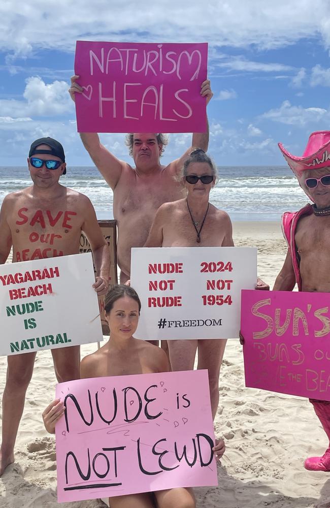 Naturists have held a rally at Tyagarah Beach near Byron Bay on Sunday to save its clothing optional status. Picture: Sam Stolz