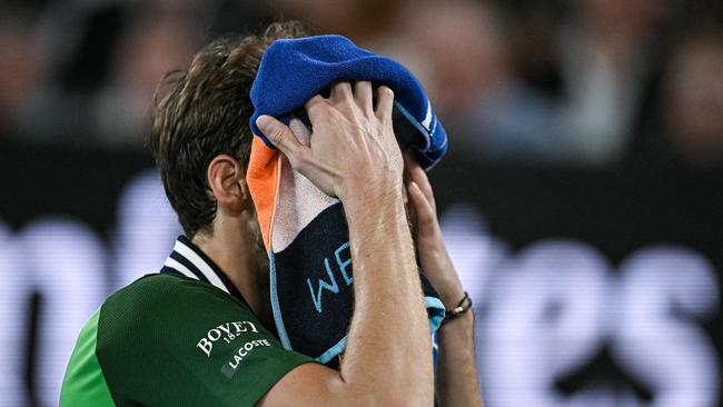 Russia's Daniil Medvedev wipes his sweat away during the monster five-setter. Picture: AFP