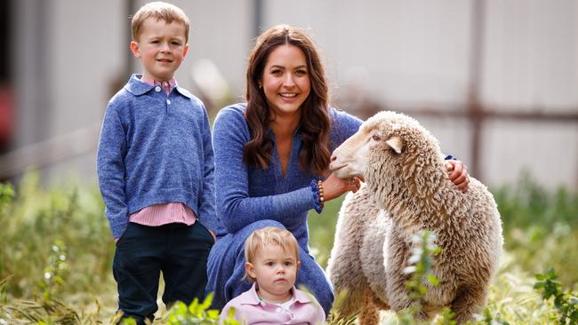 Iris &amp; Wool founder Emily Riggs at home on the farm in Burra with her children Sam and Lucy. Picture: Matt Turner