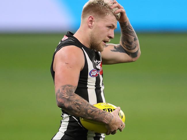 PERTH, AUSTRALIA - JULY 16: Jordan De Goey of the Magpies looks on during the round 7 AFL match between the Geelong Cats and the Collingwood Magpies at Optus Stadium on July 16, 2020 in Perth, Australia. (Photo by Paul Kane/Getty Images)