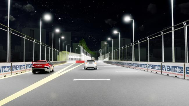 Artist impressions by EventElec of what a night race would look like for the Gold Coast on the Surfers Paradise circuit at GC500. Picture: Supplied