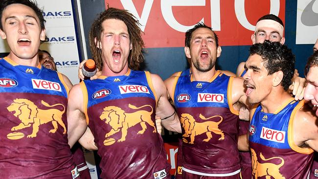 Brisbane Lions players celebrate victory over Hawthorn. Pic: Getty Images