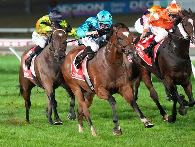 Russian Bobshark ridden by John Allen wins the Designer Coolrooms Maiden Plate at Cranbourne Racecourse on April 12, 2024 in Cranbourne, Australia. (Photo by Scott Barbour/Racing Photos via Getty Images)