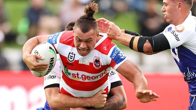 SYDNEY, AUSTRALIA - MAY 09:  Tyrell Fuimaono of the Dragons is tackled during the round nine NRL match between the St George Illawarra Dragons and the Canterbury Bulldogs at Netstrata Jubilee Stadium, on May 09, 2021, in Sydney, Australia. (Photo by Mark Kolbe/Getty Images)