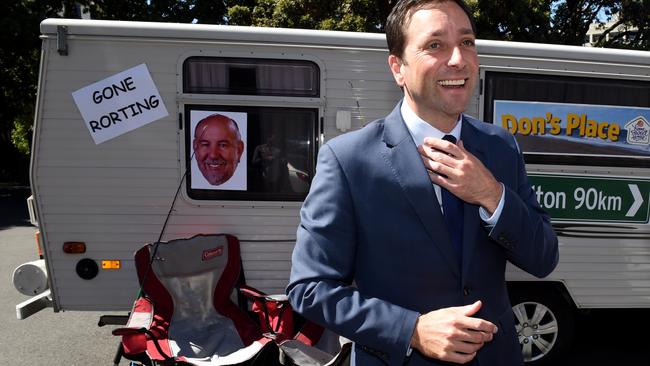 Matthew Guy after the Opposition brought a caravan to parliament. Picture: Nicole Garmston