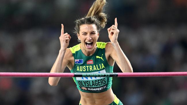 BUDAPEST, HUNGARY - AUGUST 27: Nicola Olyslagers of Team Australia reacts in the Women's High Jump Final during day nine of the World Athletics Championships Budapest 2023 at National Athletics Centre on August 27, 2023 in Budapest, Hungary. (Photo by Hannah Peters/Getty Images)