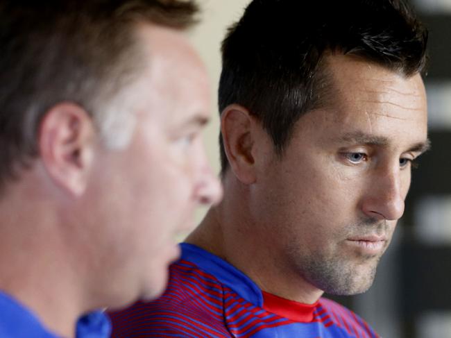 Knights coach Adam O'Brien and Mitchell Pearce hold a press conference before a training session in Newcastle, NSW, Thursday, January 7, 2021. NRL star Mitchell Pearce has stepped down from his role as Newcastle captain after revelations of inappropriate text messages with a club staffer. (AAP Image/Darren Pateman) NO ARCHIVING