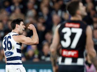 MELBOURNE, AUSTRALIA - AUGUST 11: Oliver Henry of the Cats celebrates a goal during the 2023 AFL Round 22 match between the Collingwood Magpies and the Geelong Cats at Melbourne Cricket Ground on August 11, 2023 in Melbourne, Australia. (Photo by Michael Willson/AFL Photos via Getty Images)