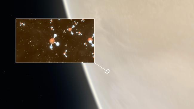 An artistic impression of phosphine molecules, inset, on Venus. Picture: AFP