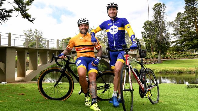 Professional cyclist Patrick Jonker and amateur Rob Yates pictured in the historic township. Picture: Tricia Watkinson