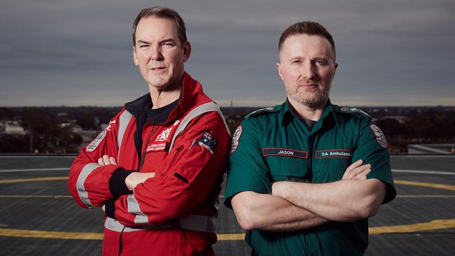 Clinical director of the SA Ambulance service’s MedSTAR emergency medical retrieval service Dr Andrew Pearce with SA Ambulance Service boss Jason Killens. Picture: AAP / Matt Loxton