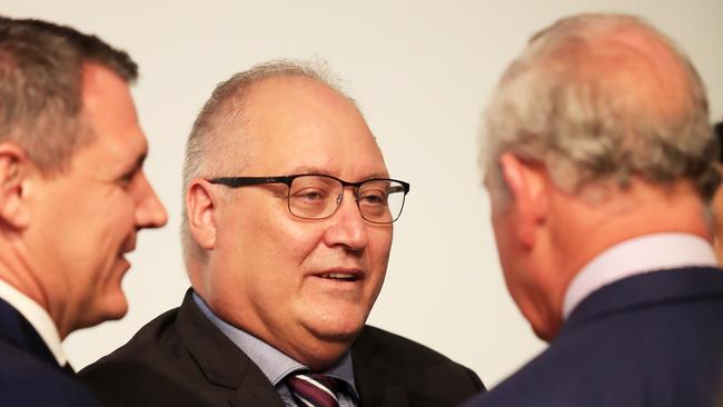 Chief Minister Michael Gunner, left, and his then Chief of Staff, Alf Leonardi, speaking with Prince Charles during his royal visit to Darwin in April 2018. Picture: Justin Kennedy