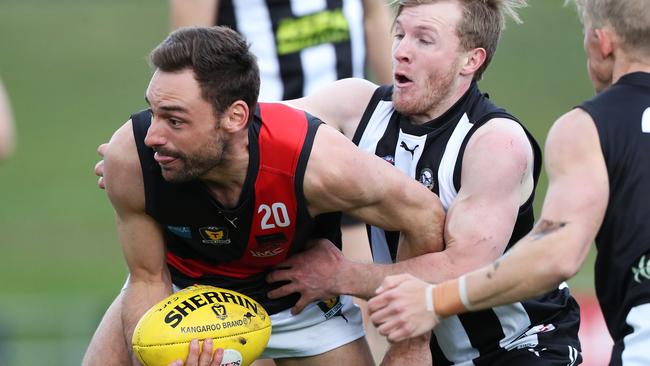 Football. Tasmanian State League. Glenorchy V North Launceston. Corey Nankervis North Launceston and Callen Daly Glenorchy. Picture: NIKKI DAVIS-JONES