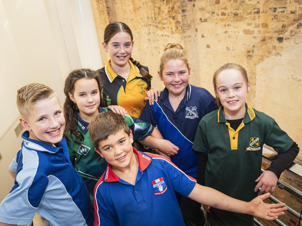 Clifton cluster students (from left) Carter Gittins (Emu Creek State School), Bridget Naumann (Nobby State School), William Ehrlich (Back Plains State School), Elyse Robertson (Pilton State School), Ruby Larsen (Clifton State School) and Aynsley Spieght (Greenmount State School) on day one of Sing Out 2024 at The Empire, Tuesday, June 4, 2024. Picture: Kevin Farmer