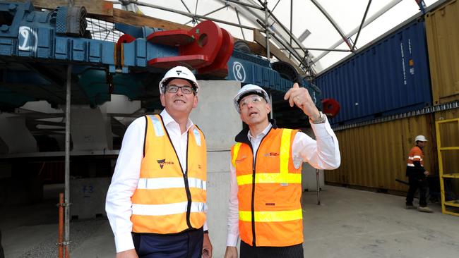 Premier Daniel Andrews inspects the tunnel boring machine to be used to dig the West Gate Tunnel. Picture: Andrew Henshaw