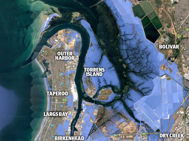 Port Adelaide flood map: The blue represents the areas prone to flooding in the year 2100, based on current high tide levels plus 74cms of sea level rise. UniSA research. Supplied