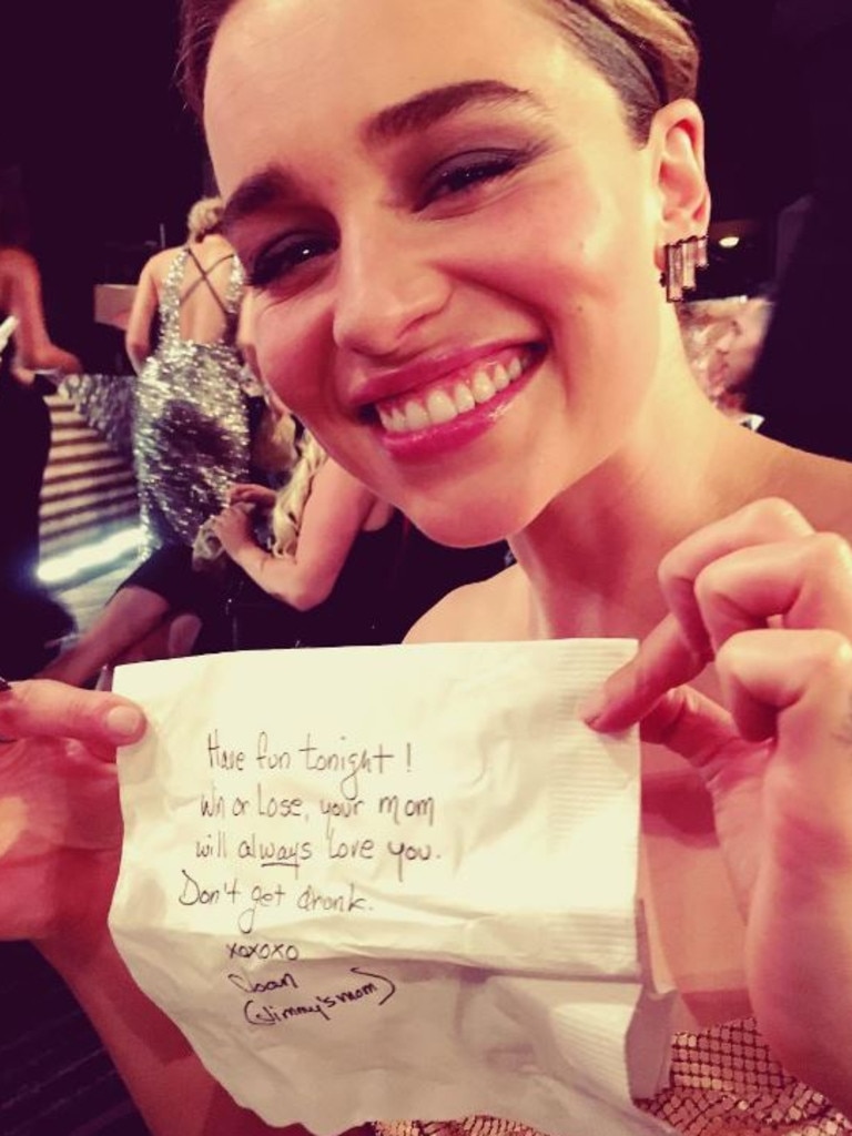 Emilia Clarke, "THANK YOU JIMMY AND JIMMYS MUM!! #mymammaandineededalilsugar" Picture: Instagram