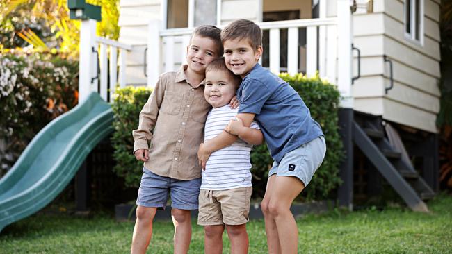 Dr Dave Hogbin three son's (LR) Max (5), Joey (3) and Isaac (7) at their home in Charlestown. Jane is the widow of Dr Dave Hogbin who was attacked by a crocodile in far north Queensland. Picture: Adam Yip