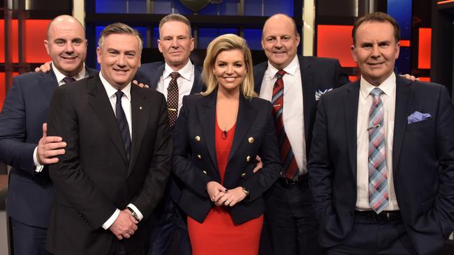 Craig Hutchison, Eddie McGuire, Sam Newman, Rebecca Maddern, Billy Brownless and Tony Jones.