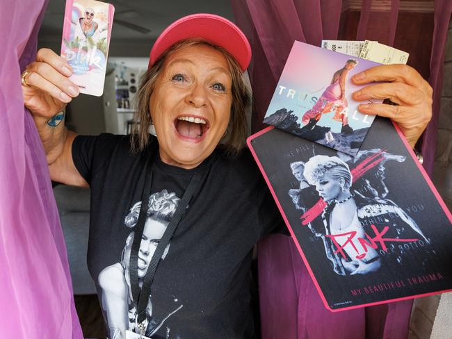 Pink superfan Maria Thompson at home on Bribe Island. Picture: Lachie Millard