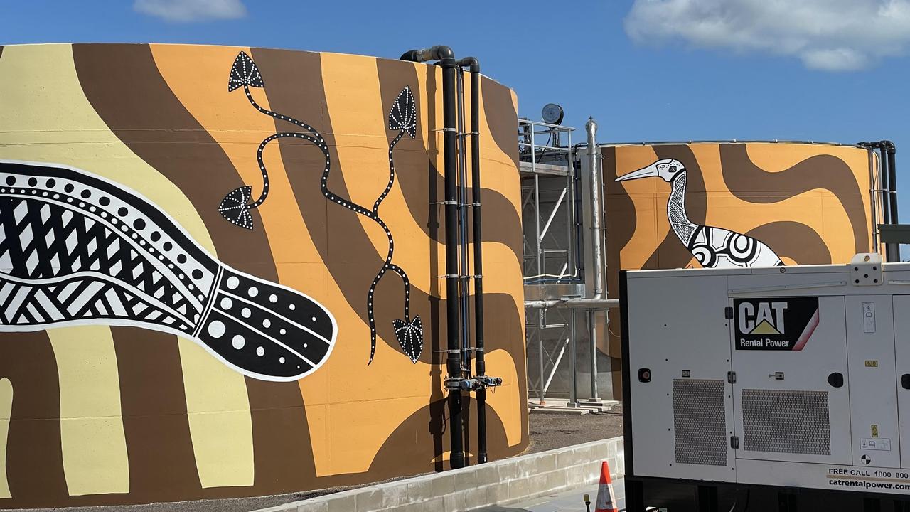 The City of Darwin's new PFAS treatment plant has been decorated with a mural by local Indigenous artists in collaboration with Proper Creative. Picture: Annabel Bowles