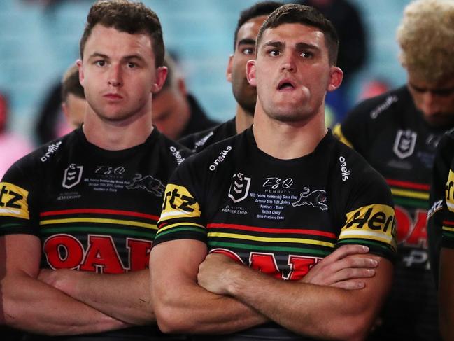 SYDNEY, AUSTRALIA - OCTOBER 25: Dylan Edwards of the Panthers and Nathan Cleary of the Panthers look dejected after losing the 2020 NRL Grand Final match between the Penrith Panthers and the Melbourne Storm at ANZ Stadium on October 25, 2020 in Sydney, Australia. (Photo by Cameron Spencer/Getty Images)