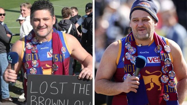 Brendan Fevola trolls Pies fans at Collingwood training on Tuesday. Photos: News Corp and Getty Images