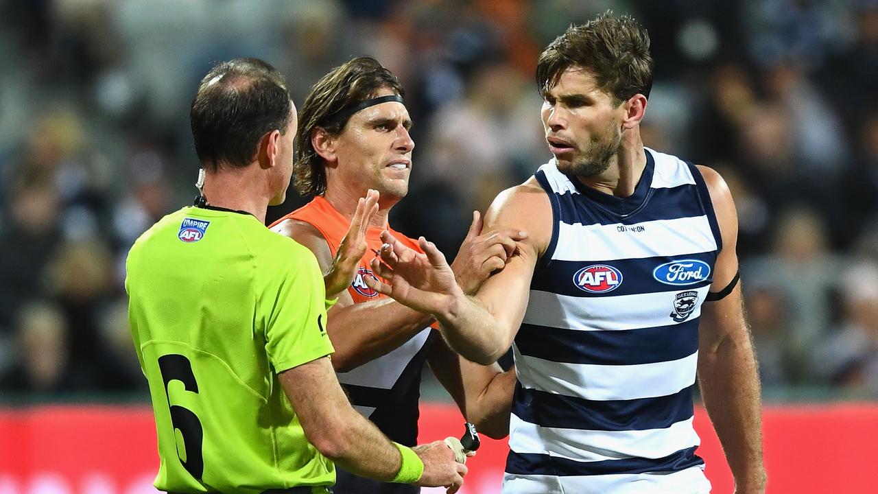 Tom Hawkins of the Cats made contact with an umpire in Round 7.