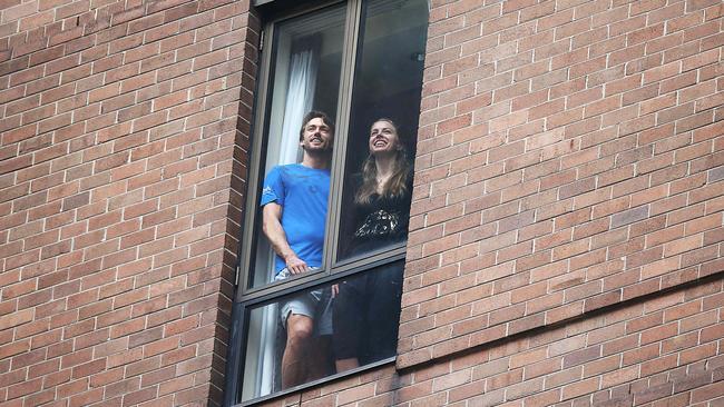 Tennis player John Millman and his girlfriend Fi quarantine in the Sofitel Wentworth Hotel in Sydney. Picture: Jane Dempster