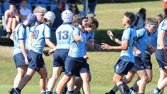 St Columbin's College celebrate a try last season. Picture, John Gass