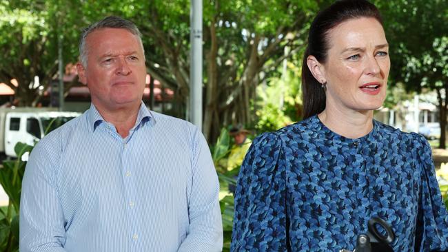 Member for Cairns Michael Healy and Queensland Minister Children and Youth Justice Leanne Linard speak to the media about youth crime in Far North Queensland. File Picture: Brendan Radke