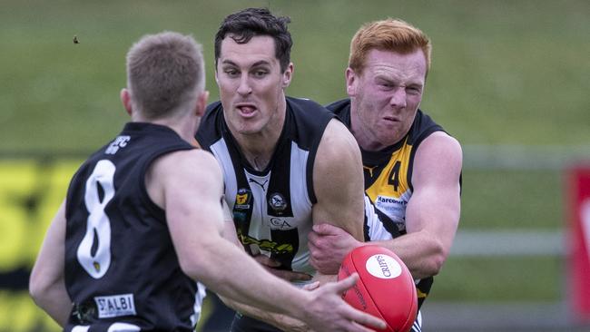 TSL: Glenorchy vs. Tigers, KGV: Glenorchy's Daniel Joseph is tackled by Tigers' Will Campbell. Picture: LUKE BOWDEN