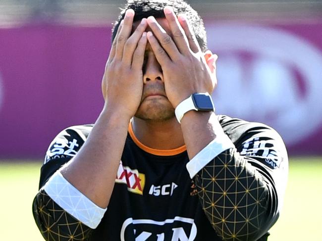 Brodie Croft (left), Anthony Milford (centre) and Allan Langer (right) are seen during Brisbane Broncos training at Clive Berghofer Field in Brisbane, Wednesday, June 17, 2020. The Broncos will play the Knights in their round 6 match on Thursday night. (AAP Image/Darren England) NO ARCHIVING