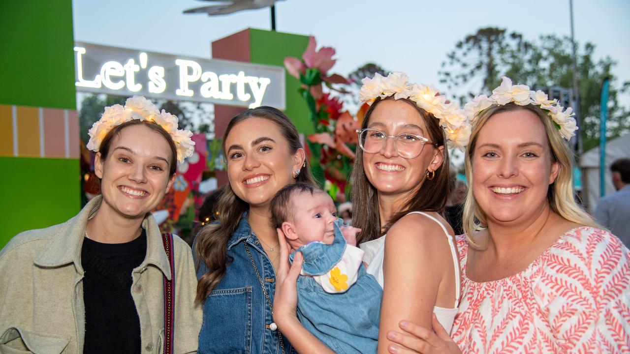 (From left) Mathea Ambrose, Bianca Picone, Baby Evie Reed, Elsa Rickard and Evie’s mum Demi Rasmussen. Toowoomba Carnival of Flowers Festival of Food and Wine. Saturday, September 14, 2024. Picture: Nev Madsen