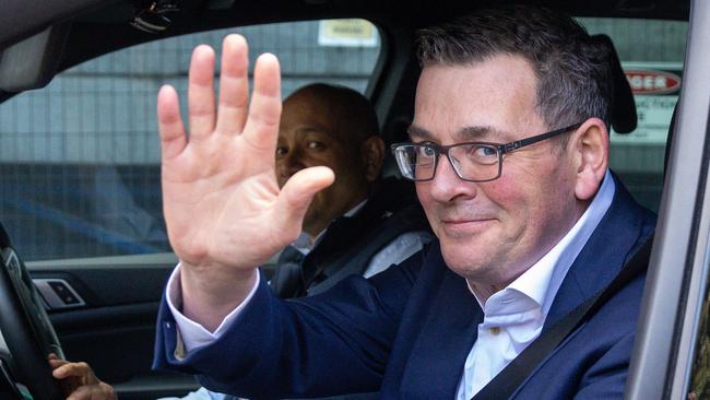 Victorian Premier Daniel Andrews leaves Parliament House, closely followed by his chiefs of staff. Picture: Getty Images