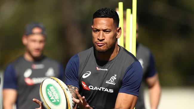 SYDNEY, AUSTRALIA - AUGUST 14:  Israel Folau in action during a Wallabies training session at NSWRL Centre of Excellence Field on August 14, 2018 in Sydney, Australia.  (Photo by Mark Metcalfe/Getty Images)